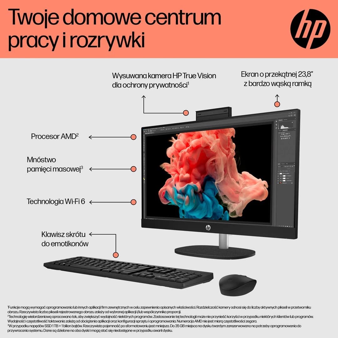 HP 24-cr0312nw AMD Ryzen 5 7520U 60,5 cm (23,8 inch) 1920 x 1080 px All-in-One kompiuteris 16 GB LPDDR5-SDRAM 512 GB SSD