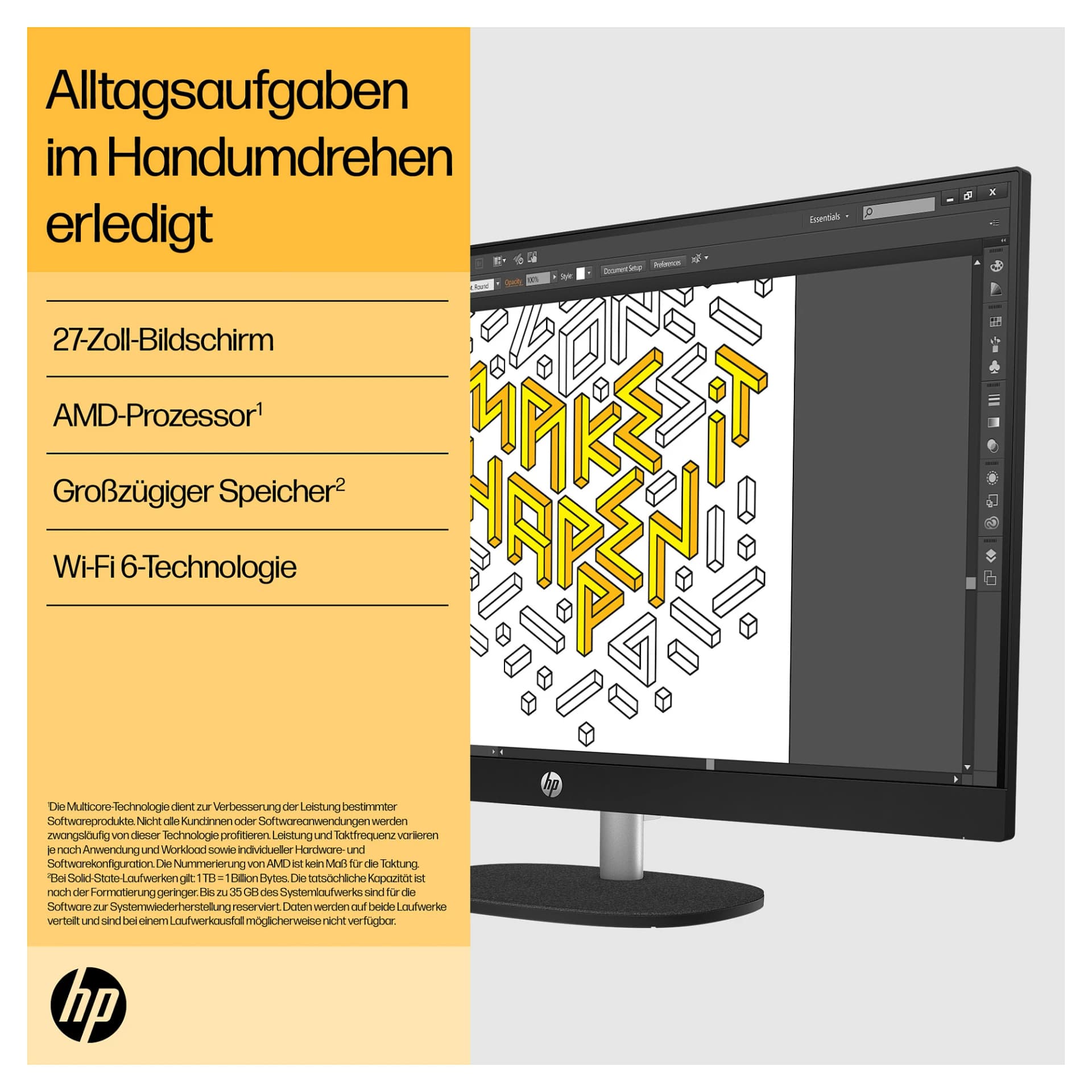 HP 27-cr0471ng All-in-One kompiuteris - Ryzen 7 7730U, 16 GB RAM, 512 GB SSD, Full HD