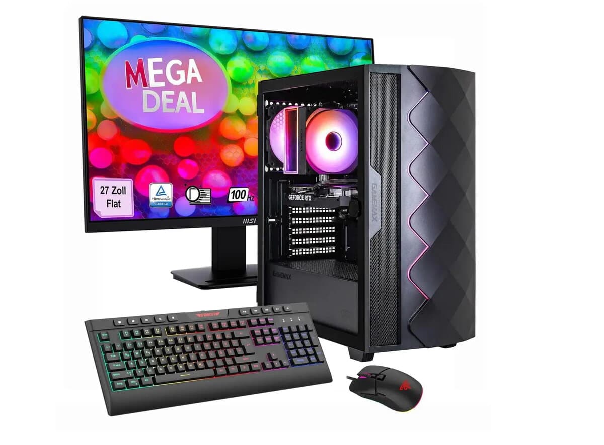 Žaidimų kompiuterio rinkinys Hyrican GAMEMAX MegaDeal Diamond BK Ryzen 5 5500 16GB 1TB SSD RTX 5050 su MSI PRO MP273A 27 colių LED monitoriu