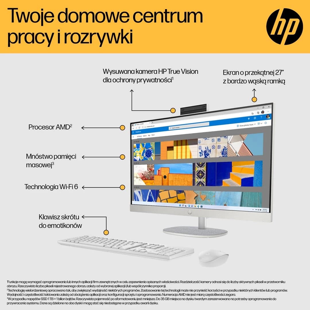 HP 27-cr0232nw All-in-One PC, AMD Ryzen 5 7520U, 27 inch Full HD, 16 GB LPDDR5, 512 GB SSD