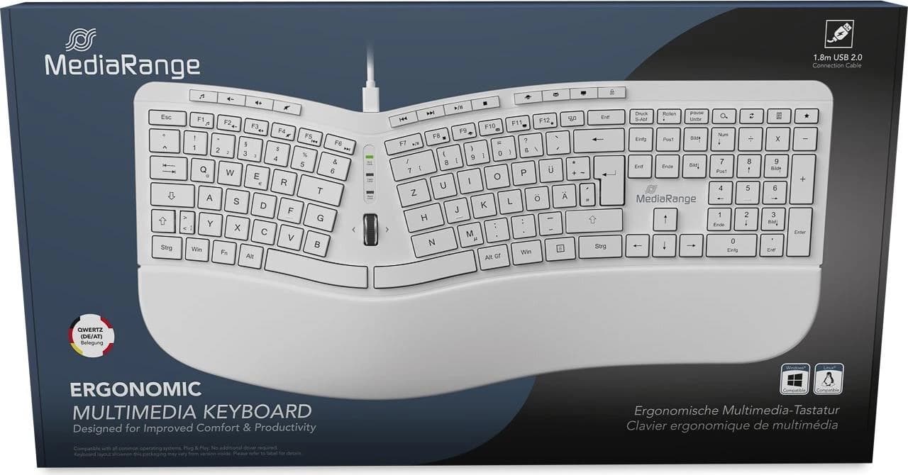 MediaRange Ergonomic Split Wired Keyboard (White)